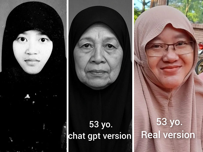 Three side-by-side images showing childhood photo, ChatGPT aged prediction, and real aged photo comparison.