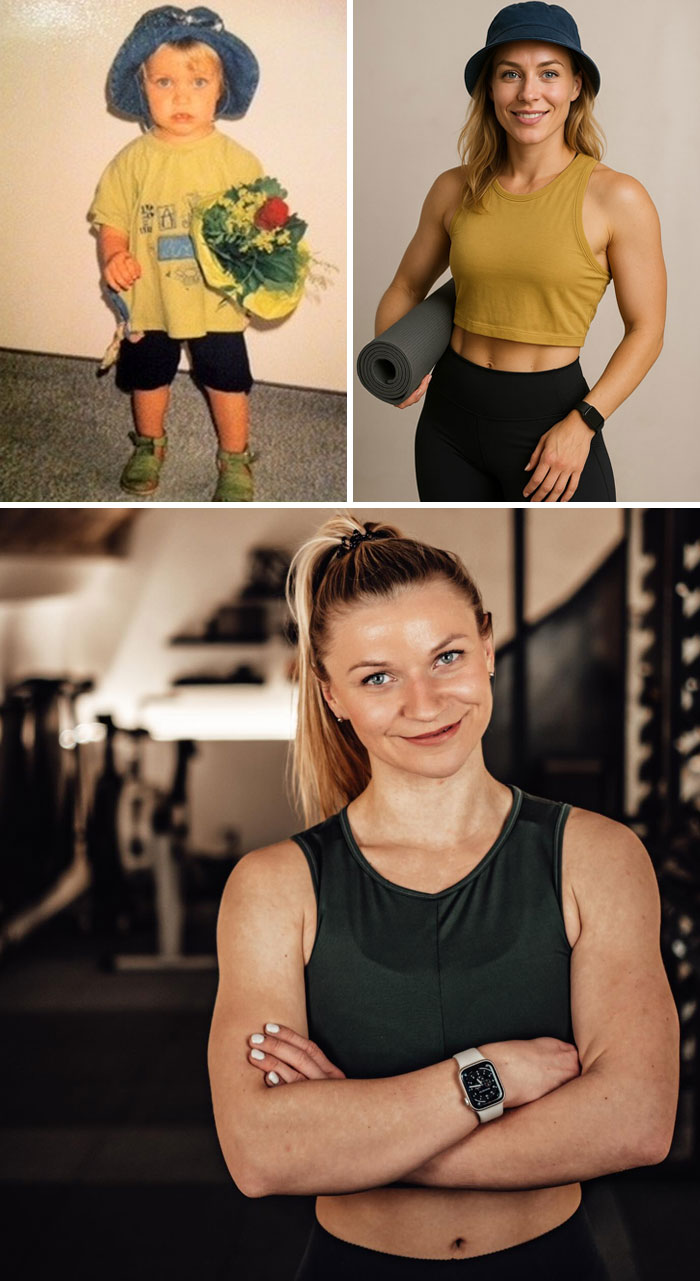 Childhood photo and aged-up comparison of a woman showing AI age prediction versus reality transformation.