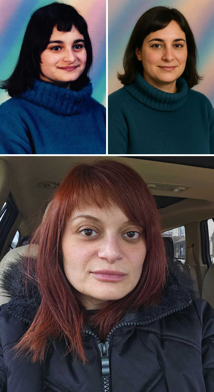 Side-by-side childhood photo and AI aged prediction of a woman compared with her real adult appearance.