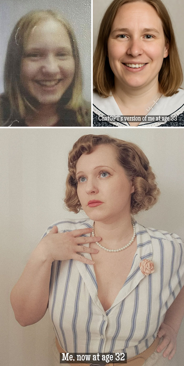 Comparison of childhood photo and ChatGPT aged prediction with real adult appearance at age 32 for AI aging transformation.