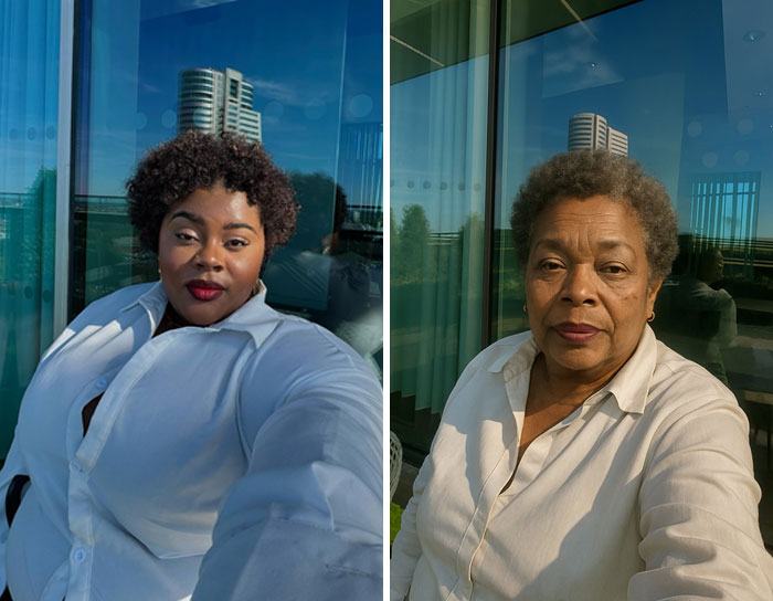 Side-by-side comparison of original and AI-aged photos showing realistic predictions of aging from childhood images.