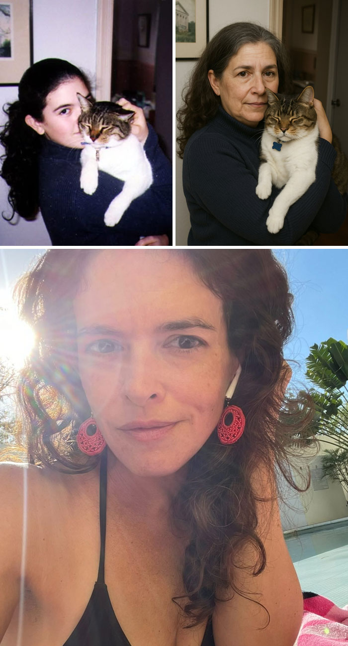 Side-by-side comparison of childhood and current photos showing age progression in a ChatGPT age up and reality challenge.