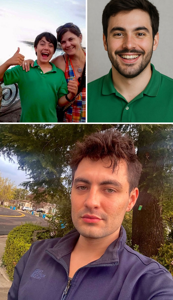 Childhood and adult photos of a man shown together, illustrating ChatGPT aging up childhood photos comparison with reality.