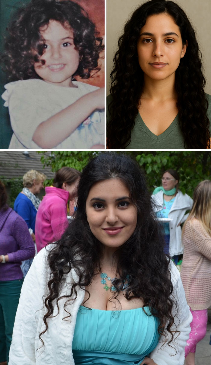 Collage showing a childhood photo and two adult photos of a woman, demonstrating age-up predictions and reality comparison.