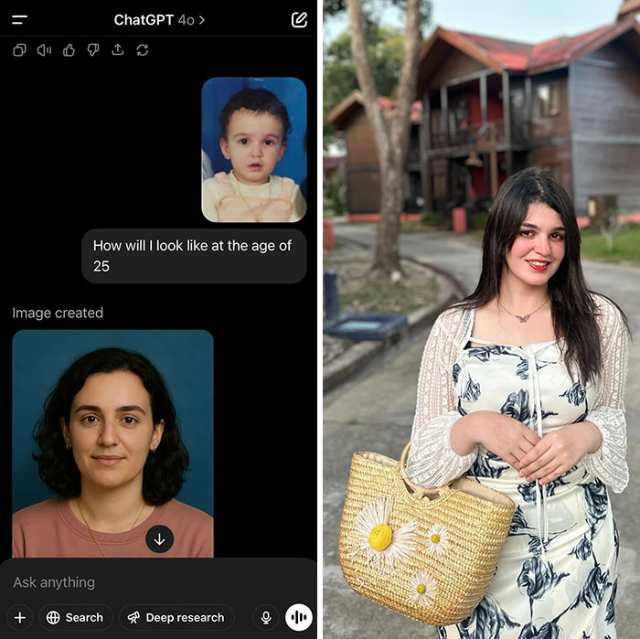 ChatGPT age progression of childhood photos compared with real-life appearance of adults outdoors