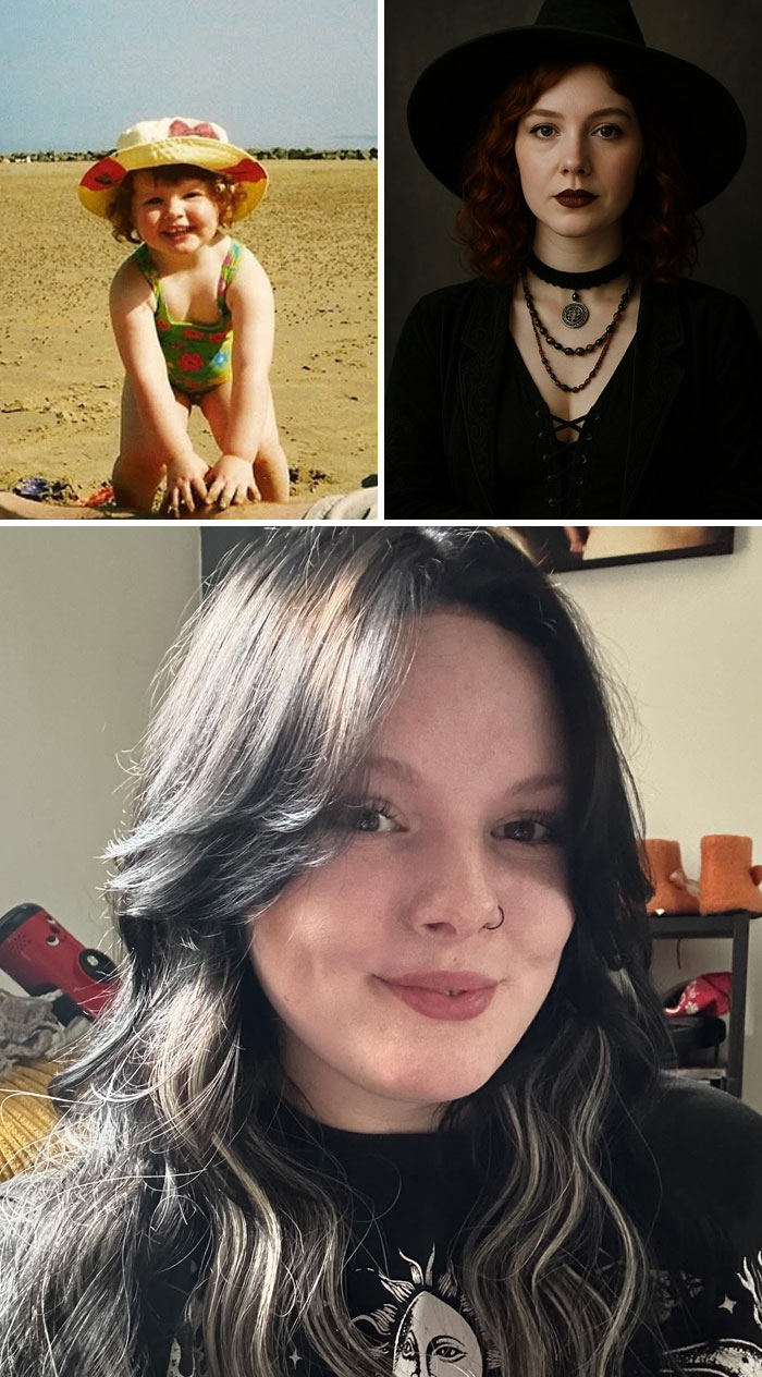 Childhood photo and AI aged prediction compared with real adult image showing transformation in appearance.