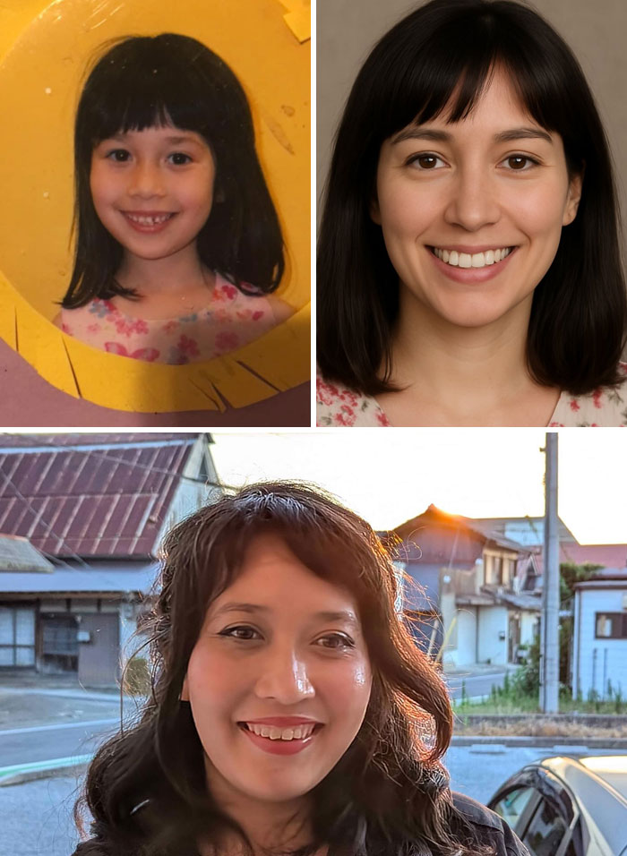 Collage showing a child photo, an AI-aged prediction, and the real adult woman for ChatGPT childhood photo aging comparison.