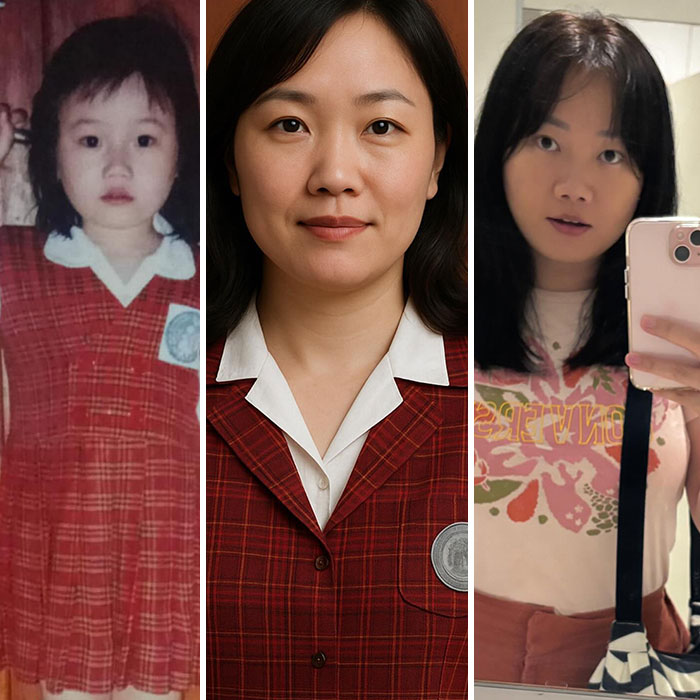 Childhood photo, AI aged-up prediction, and real adult woman comparison in a red checkered outfit and casual wear.