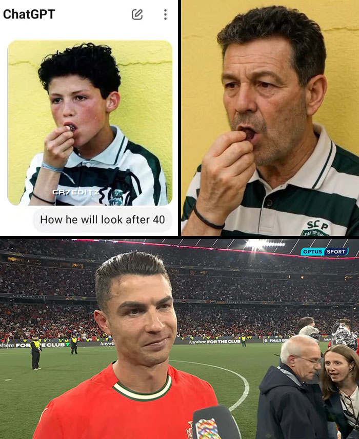 Side-by-side comparison of childhood photo aged up by ChatGPT and real adult appearance of the same person.