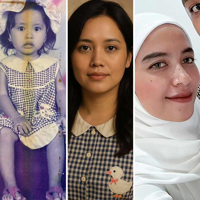 Triptych showing a childhood photo, AI aged-up prediction, and current portrait of two young women for age prediction comparison.