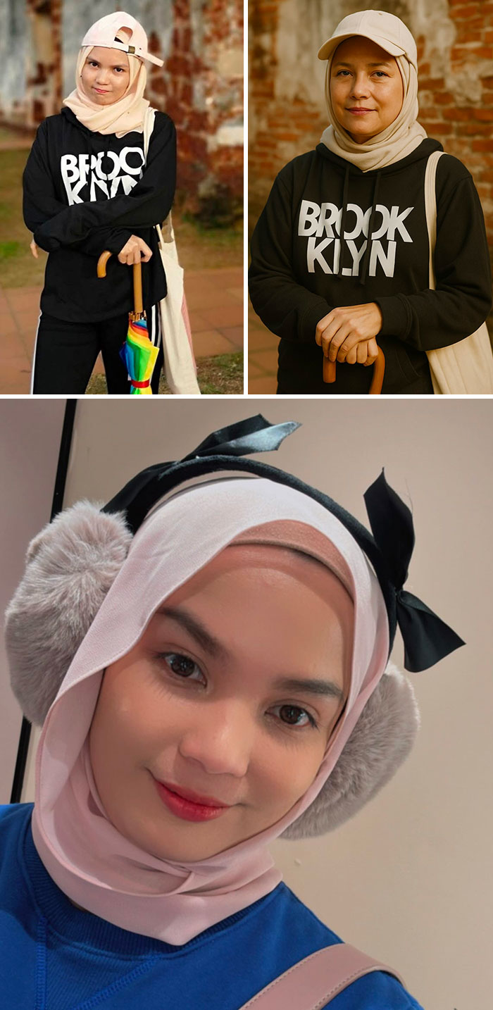 Three photos showing a woman in a hijab with hoodies, earmuffs, and a walking cane reflecting ChatGPT age-up childhood photos.