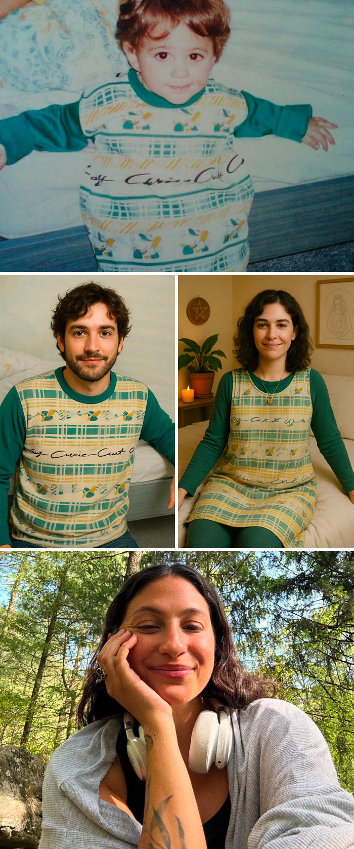 Childhood photo and age-up prediction comparison featuring people wearing the same patterned outfit for AI aging results.