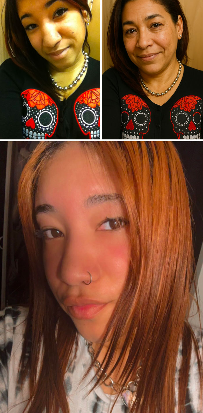 Side-by-side comparison of childhood and aged photos showing AI age predictions versus reality for people in skull print shirts.