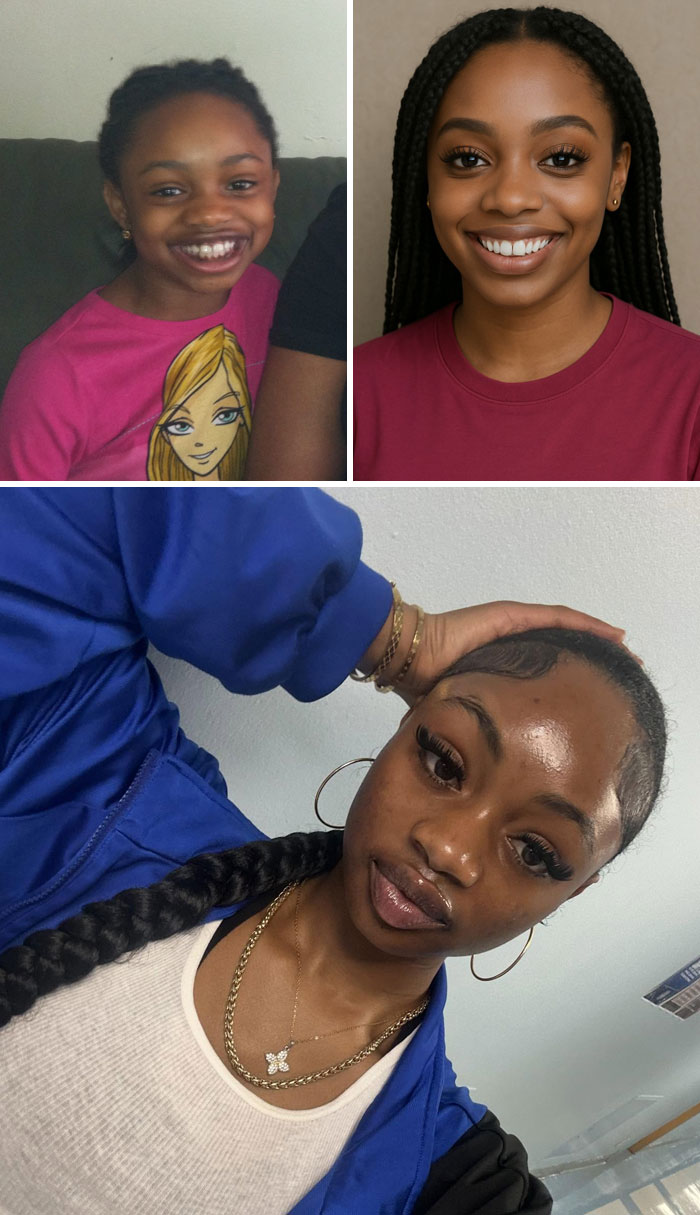 Side-by-side comparison of childhood photos and aged-up predictions showing different stages of a woman's growth and appearance.