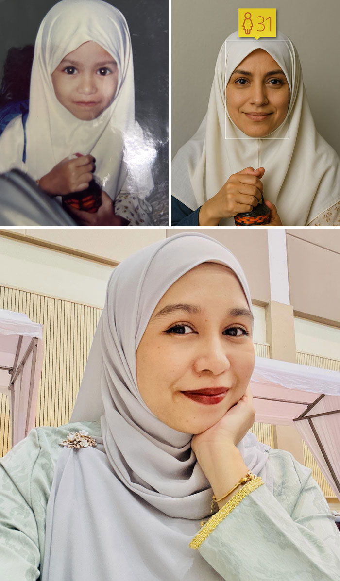 Collage showing a woman in hijab as a child, AI aged-up prediction, and recent photo for age up childhood photos comparison.