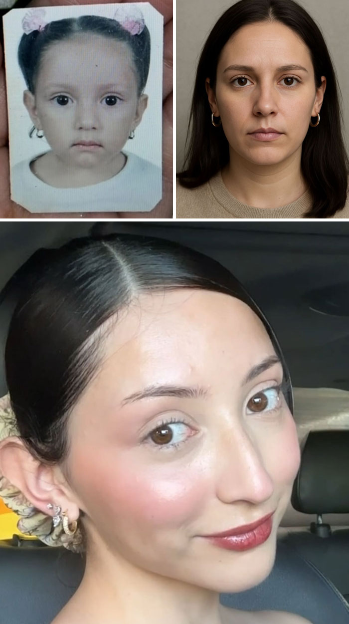 Childhood photo, age progression, and current photo of a woman showing ChatGPT age-up comparison results.