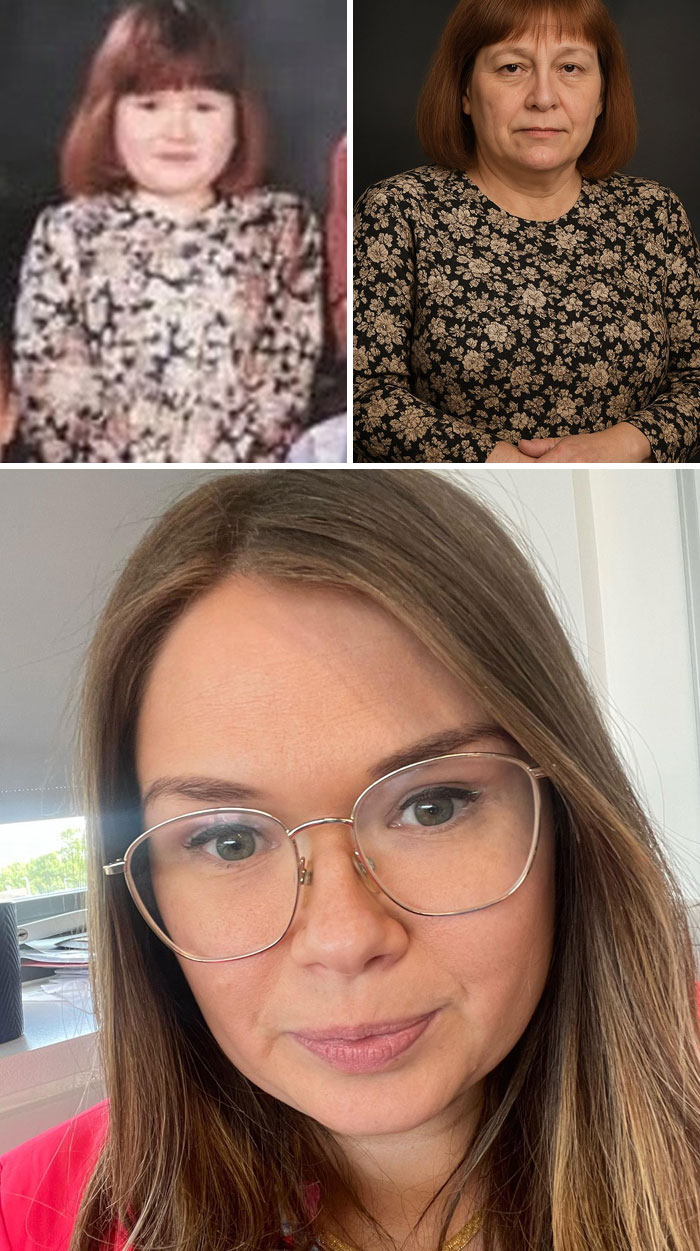 Side-by-side comparison of childhood photo, AI-aged prediction, and reality of people using ChatGPT age-up tool.