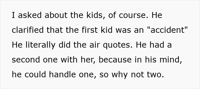 Text excerpt revealing a man&rsquo;s secret second family and his thoughts on having more kids hidden from his wife.