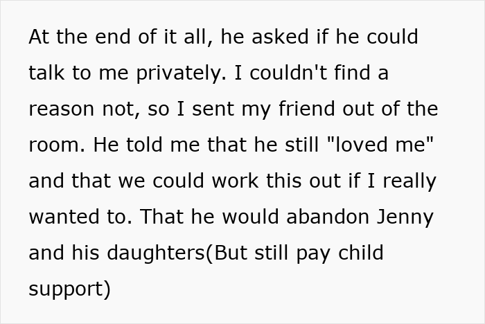 Text excerpt showing a man confessing he loved his wife and would abandon his secret second family but still pay child support.