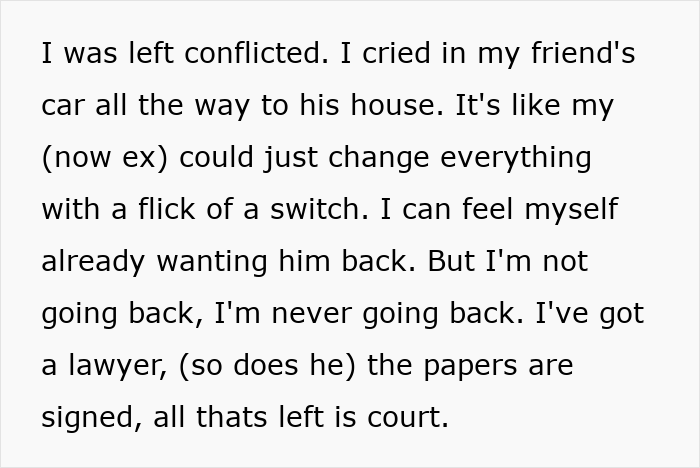 Text passage expressing emotional conflict over a man hiding a secret second family and forthcoming legal separation.