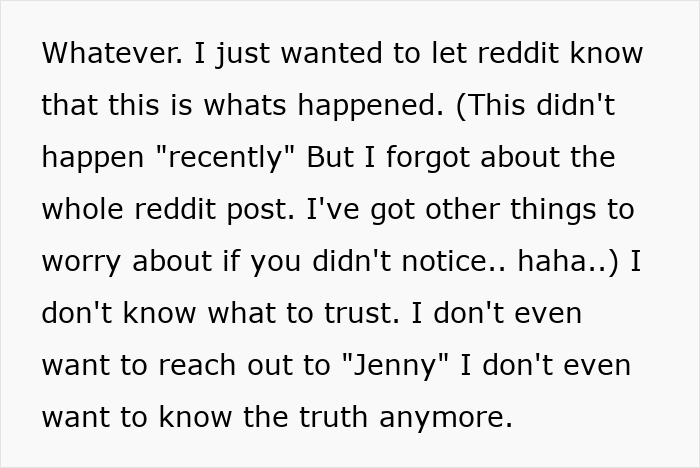 Text excerpt describing confusion and distrust after a man hides a secret second family revealed by his wife borrowing his phone.