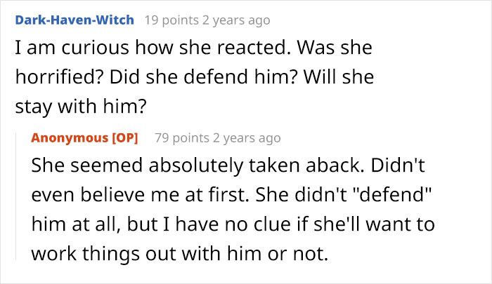 Screenshot of a conversation about a man hiding a secret second family and his wife's reaction after borrowing his phone.