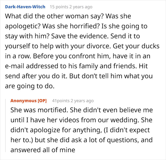 Reddit conversation about a man hiding a secret second family revealed after his wife borrows his phone, discussing reactions and advice.