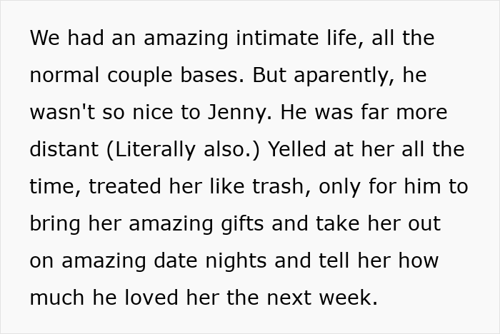 Text excerpt describing a man&rsquo;s distant behavior toward his wife while hiding a secret second family for years.