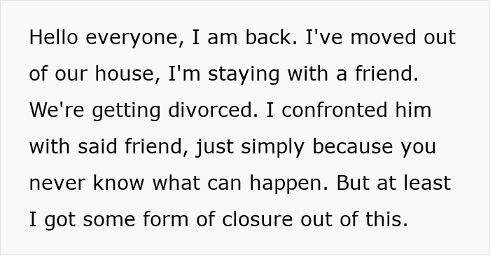 Text message describing a wife confronting her husband after discovering his secret second family, leading to divorce.