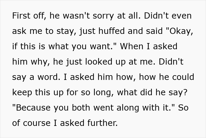 Text excerpt describing a man hiding a secret second family and his reaction when confronted years later.