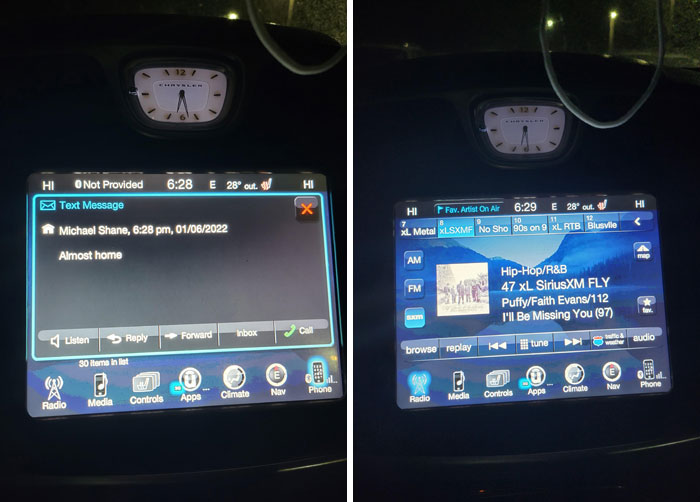 Car dashboard at night showing a suspicious text message and a radio playing hip-hop, hinting at chilling ghost encounters.