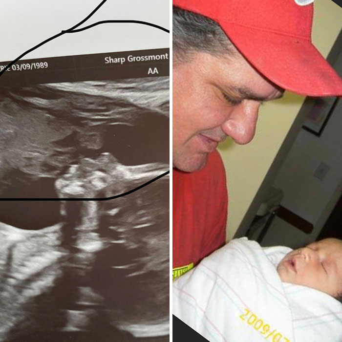 Side-by-side images of a black and white ultrasound scan and a man in a red cap holding a newborn baby, ghost encounters theme.