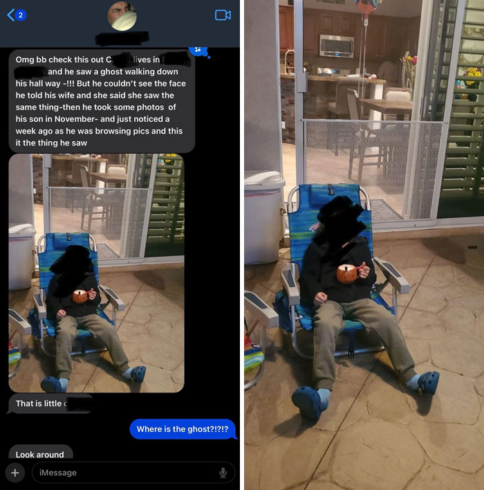 Child sitting on a chair outdoors with a faint ghostly figure visible near the sliding door in a chilling ghost encounter photo.