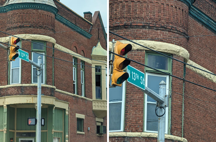 Old brick building at an intersection with a traffic light and street sign, evoking chilling ghost encounters atmosphere.