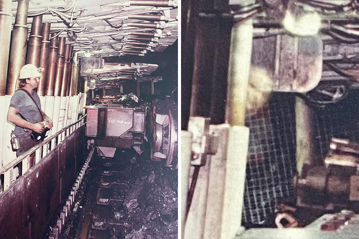 Miner working underground near heavy machinery with a faint ghostly figure visible in the dim shaft, capturing chilling ghost encounters.