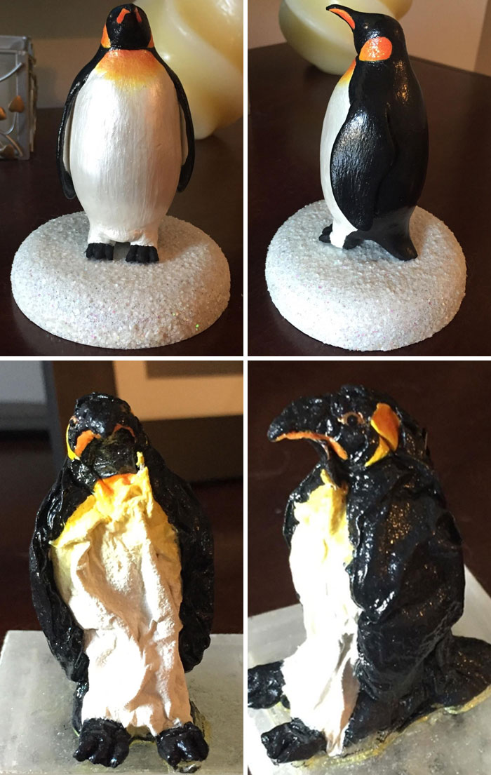 Four images showing a penguin figurine before and after being damaged, illustrating people damaging things they borrowed.