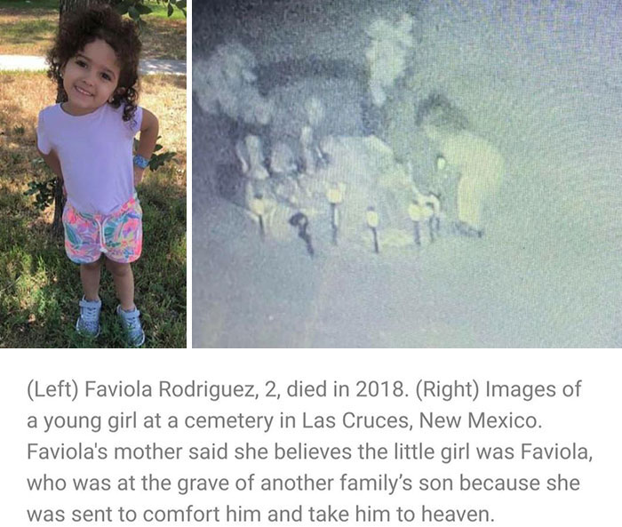 Left photo of a young girl and right night-vision image of a ghostly figure at a cemetery, illustrating chilling ghost encounters.