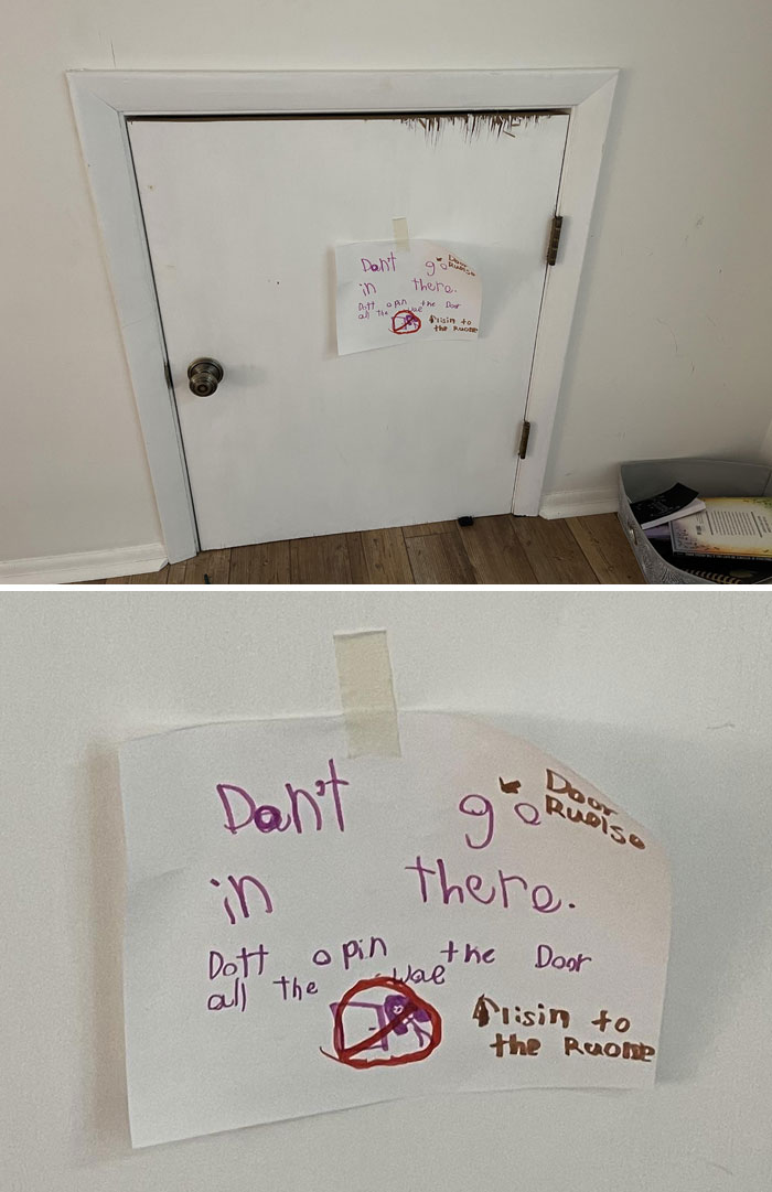 Small white door with a handwritten warning sign taped on it, evoking chilling ghost encounter vibes.