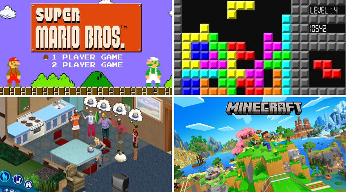 Four classic video games including Super Mario Bros, Tetris, The Sims, and Minecraft in a Choose One Lose The Rest poll.