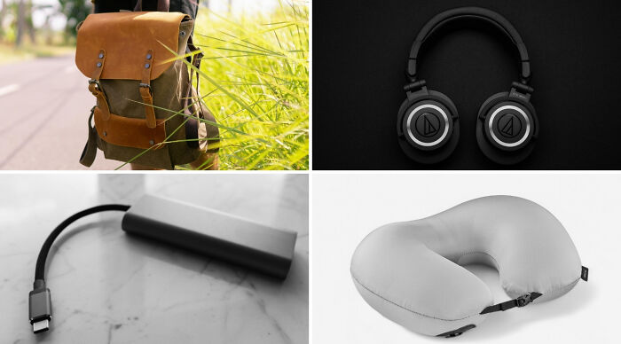 Choose one lose the rest poll showing backpack, headphones, USB adapter, and travel neck pillow options.