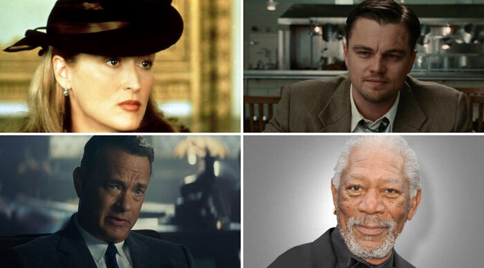 Four iconic actors featured in a Choose One Lose The Rest poll, showing close-up portraits in varied settings.