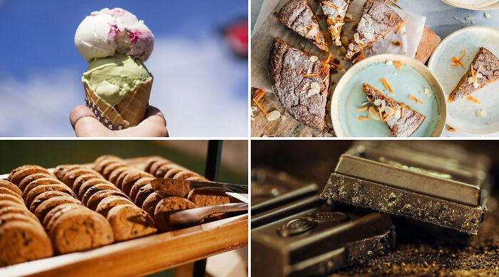 Variety of desserts including ice cream cones, sliced cake, chocolate bars, and rows of cookies for choose one lose the rest poll.