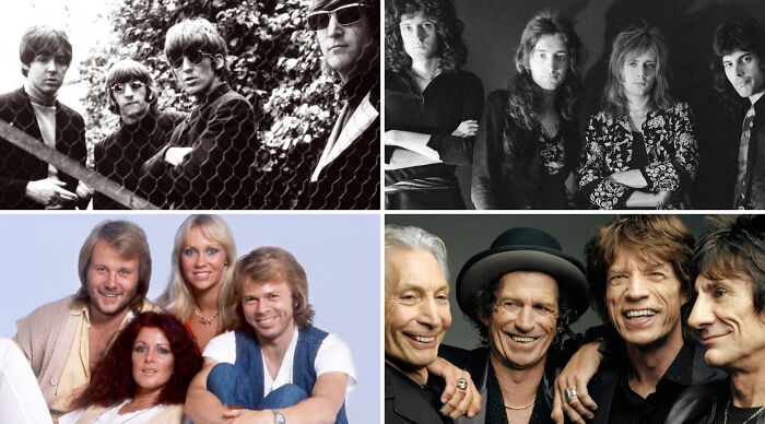 Collage of classic rock bands with members posing for promotional photos in black and white and color formats for Choose One Lose The Rest Poll.