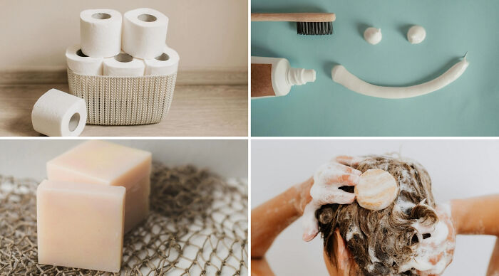 Bathroom essentials including toilet paper, toothpaste smile, soap bars, and washing hair in choose one lose the rest poll