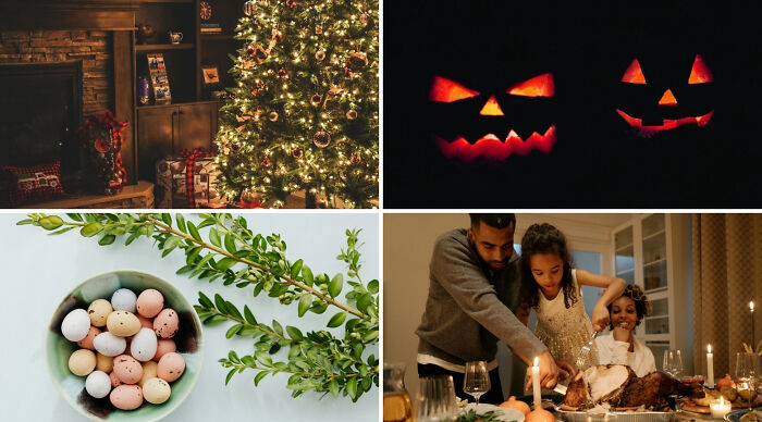 Four images representing holiday themes including a decorated Christmas tree and pumpkins for a Choose One Lose The Rest Poll.