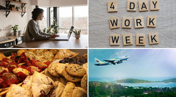 Person working on laptop at home, 4 day work week spelled out, assorted cookies, and airplane flying over landscape.