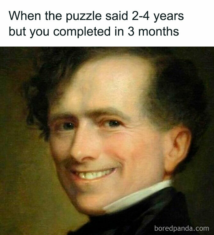 Smiling man in a classical art meme captioned about finishing a puzzle faster, showcasing chaotic classical art memes humor.