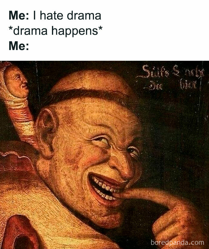 Funny classical art meme showing a chaotic face with finger in mouth reacting to drama, highlighting iconic classical art memes.