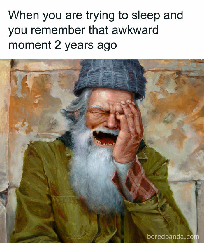 Classical art meme showing an old man laughing with hand on face, capturing chaotic classical art humor and relatable moments.