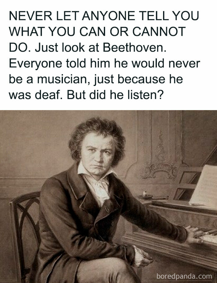 Portrait of Beethoven at a piano with motivational text, a classic example of chaotic classical art memes.
